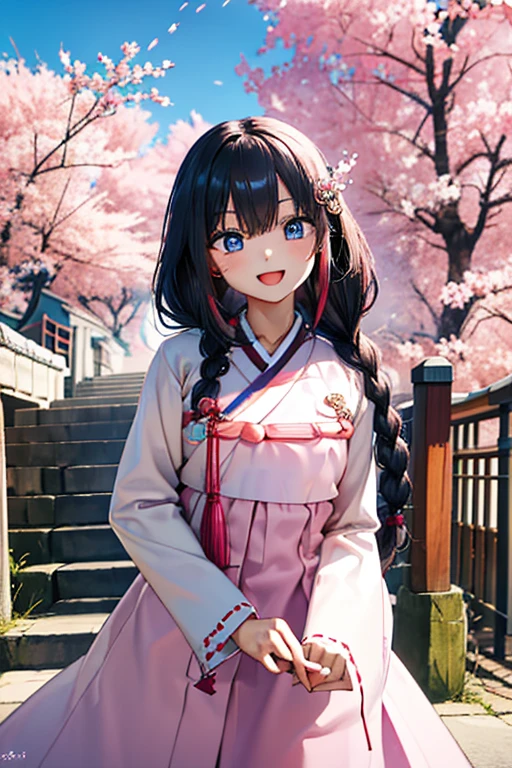 masterpiece, best quality, highres, bbhana, long hair, blacj hair, single braid, hair ornament, whisker markings, ((korean clothes)), ((hanbok)), long sleeves, striped sleeves, pink skirt, cherry blossoms, outdoors, standing, smile, open mouth, peace sign, blue eyes, large breast, sexy