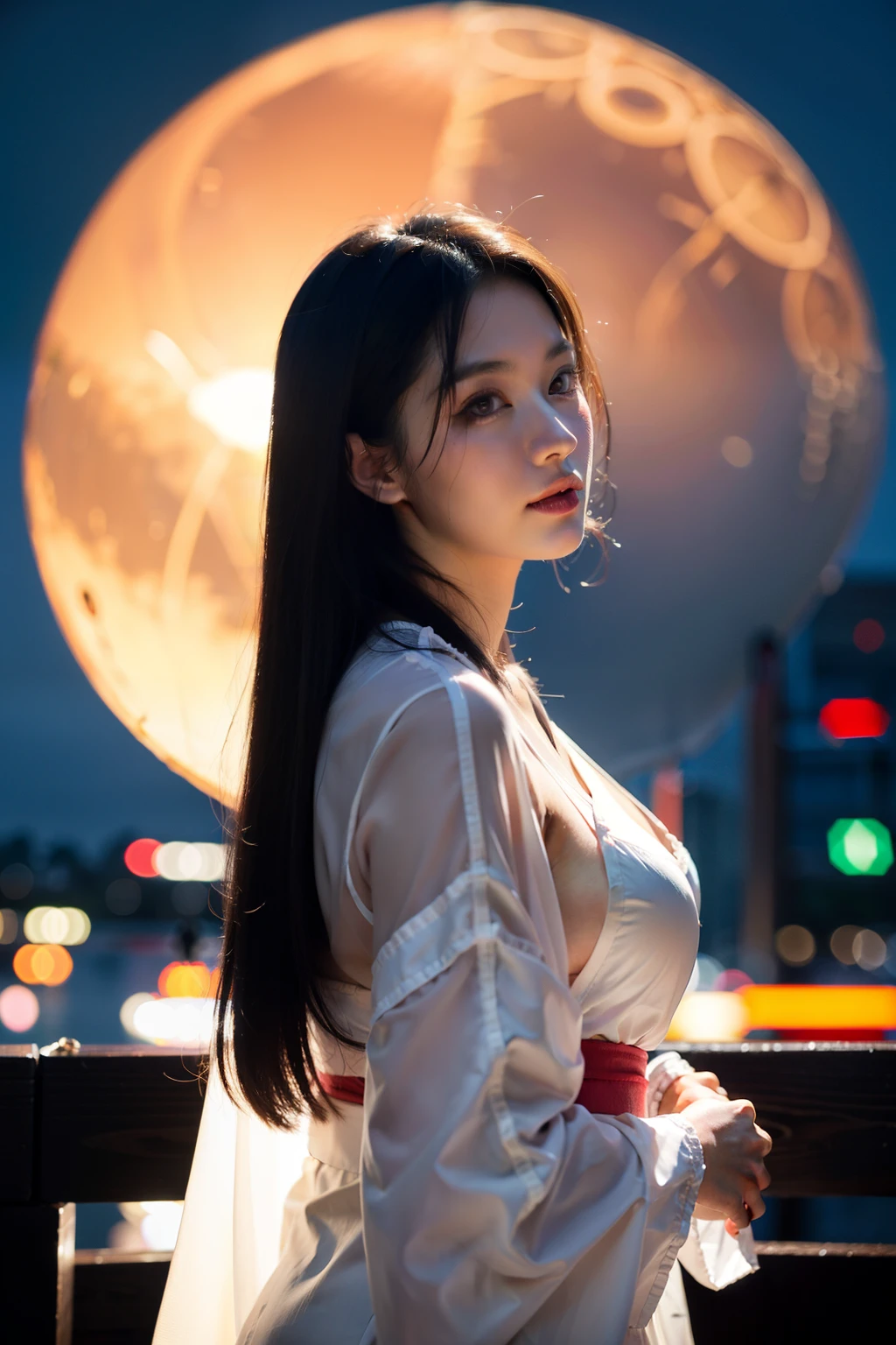 Kimono,See-through fabric,Light fabric,See Through,clear,18+,Nobra,big breastm,Central Tokyo,japan,อาหารjapan,Long, straight hair that reaches the bottom.,nighttime,firelight,Looks happy.,smirk,kawaii,moon,moon backdrop,bokeh,firework,carnival,rocket,
drop shadow, anaglyph, stereogram, tachi-e, pov, atmospheric perspective, 8k, super detail, ccurate, best quality