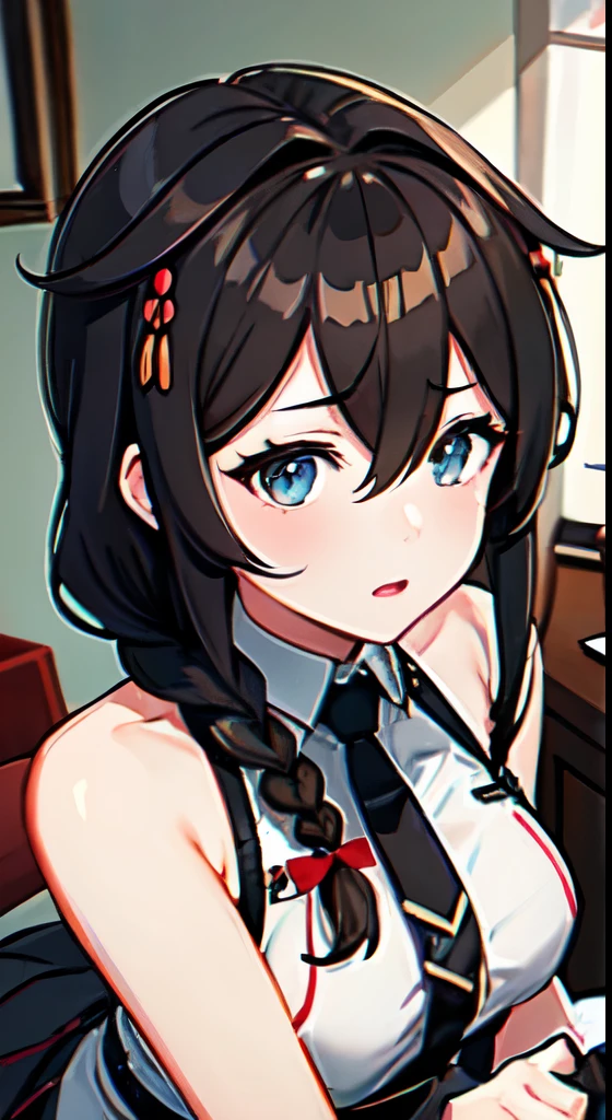 Shigure Kai 3 KanColle Sleeveless Black Thimble Gloves Black Skirt Braid 8K High Resolution Very Fine Eyes Very Fine Face、Insanely detailed body、Extremely fine skin, very elaborate hair ornament, Precisely shaped body and hands 1 person Living room in a private house 妖艶な表情