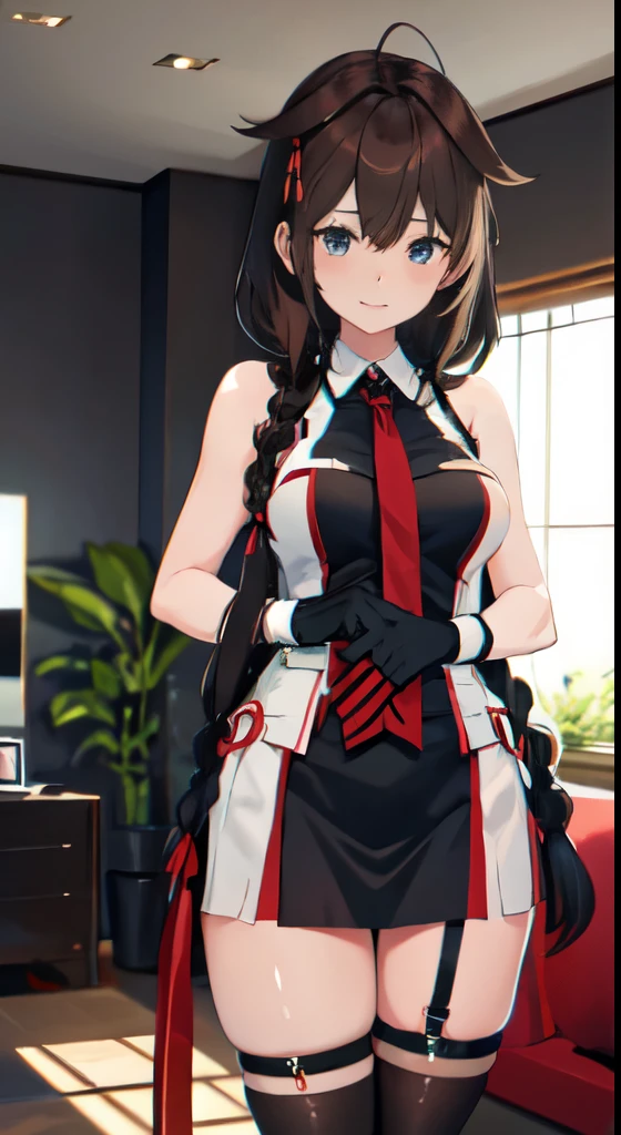Shigure Kai 3 KanColle Sleeveless Black Thimble Gloves Black Skirt Braid 8K High Resolution Very Fine Eyes Very Fine Face、Insanely detailed body、Extremely fine skin, very elaborate hair ornament, Precisely shaped body and hands 1 person Living room in a private house 妖艶な表情