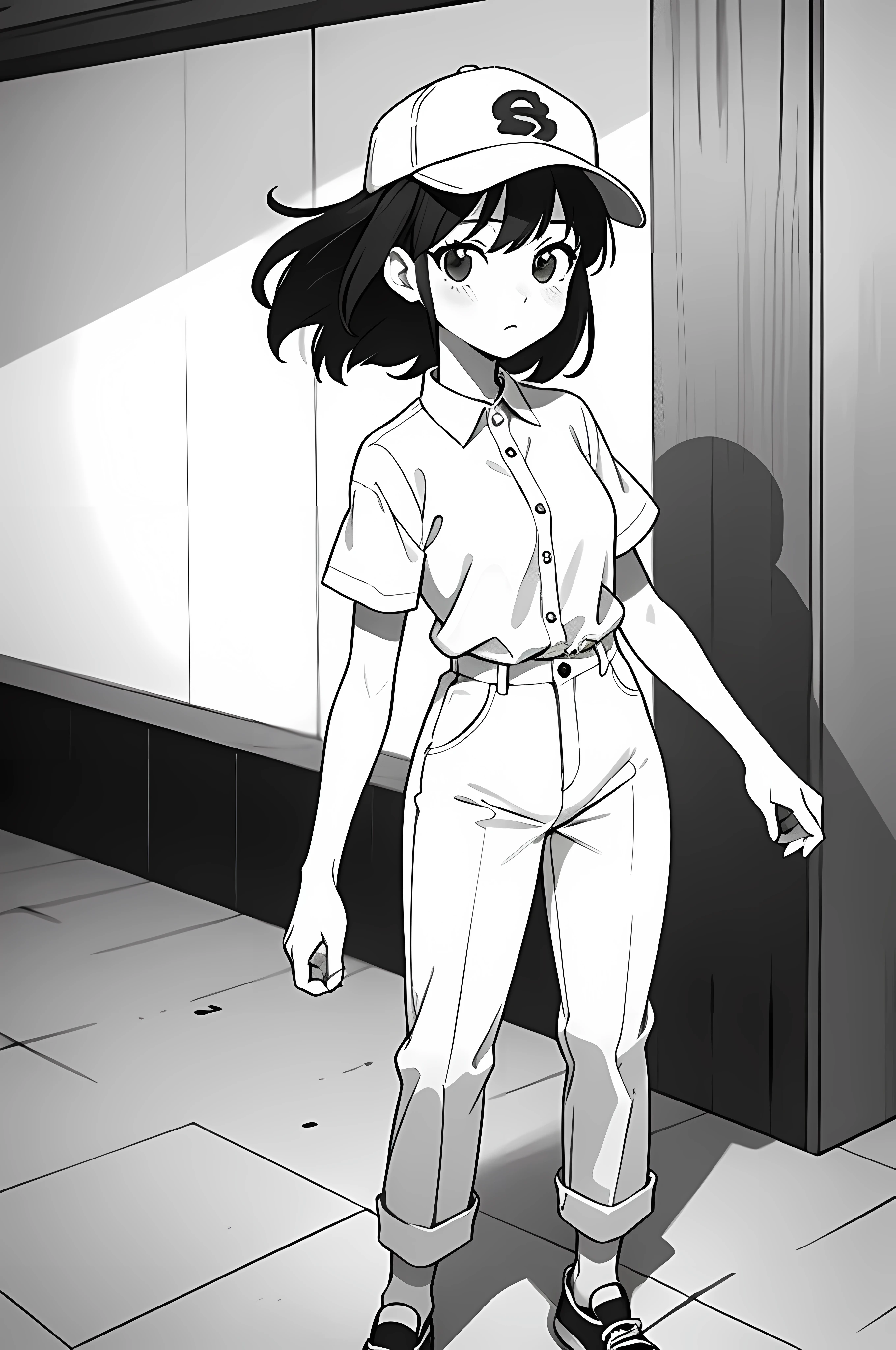 ((best quality)), (masterpiece), woman, matured woman, solo, small breast, white clothing, employe, panel cap, white shirt with single button, tucked in, short sleeves, (pants:1.2), shoes, standing, facing front, body front, looking at the camera, body on the camera, monochrome, line art, manga, anime, high resolution, 4k, detailed