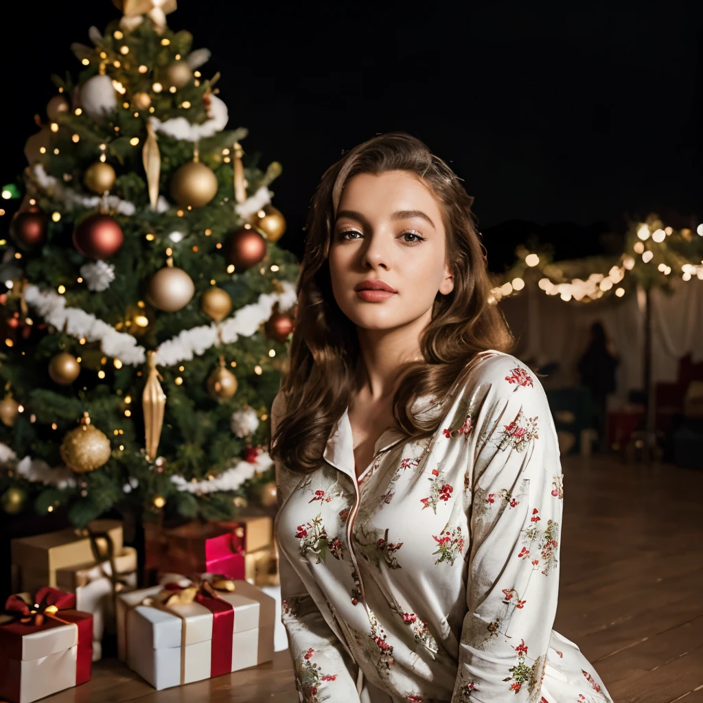 Beautiful young woman, similar to Marilyn Monroe but Brown long hair, posing next to chirstmas tree, high detail, white atmosphere, painting, hyper-realistic photography, cinematic quality, high detail, Christmas pyjamas