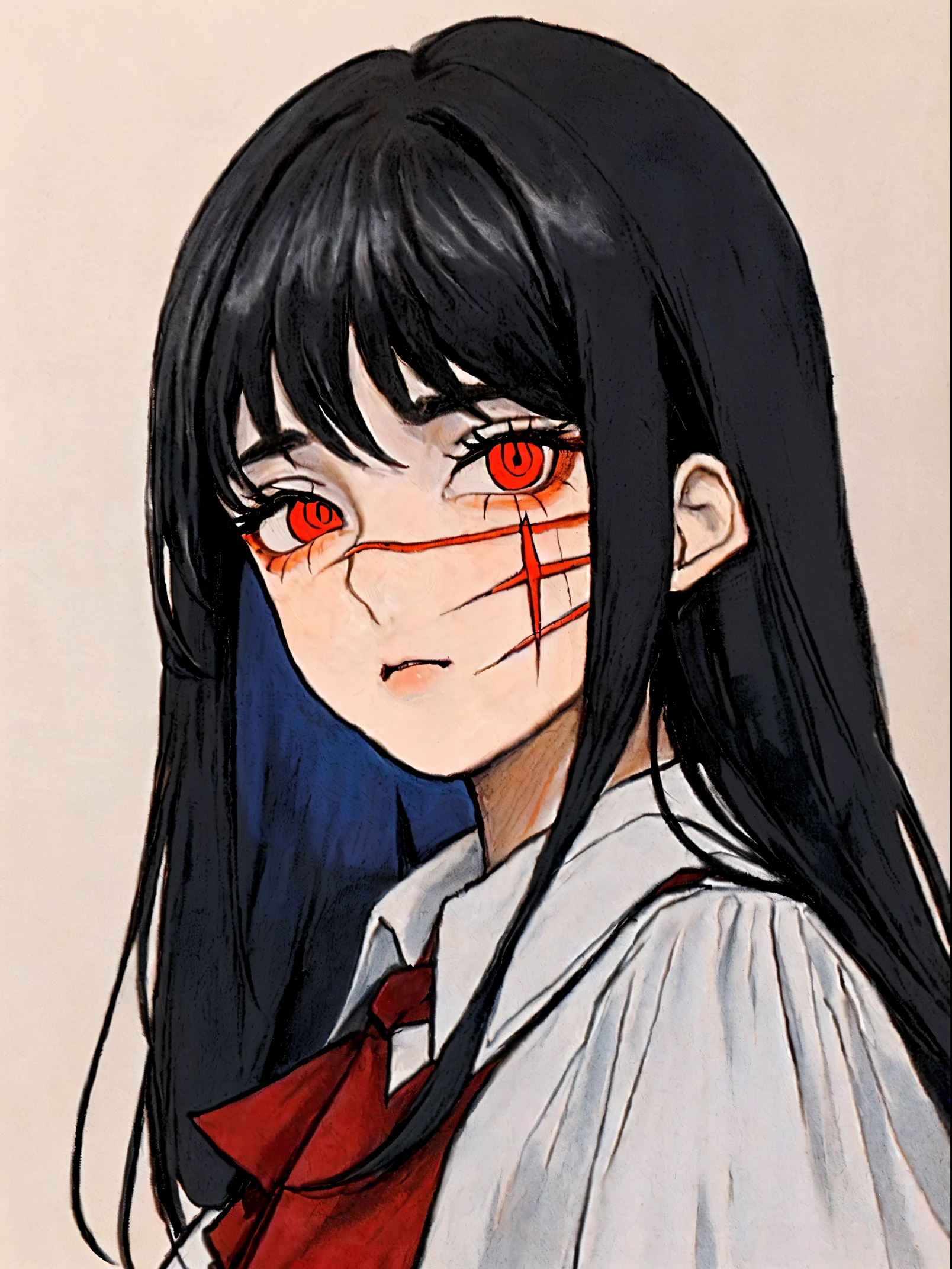 Yoru, vestida de colegial, camisa, Cinta para el cuello, mangas largas, Tema oscuro, (Mirando al espectador, retrato:1.5), black and rojo, rojo details, Runas brillantes_rojo,