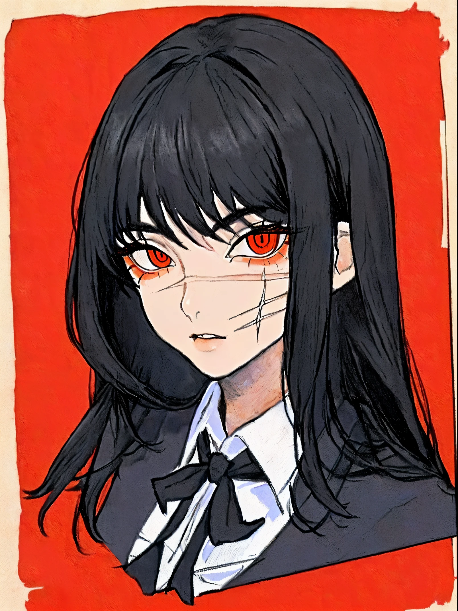 Yoru, vestida de colegial, camisa, Cinta para el cuello, mangas largas, Tema oscuro, (Mirando al espectador, retrato:1.5), black and rojo, rojo details, Runas brillantes_rojo,
