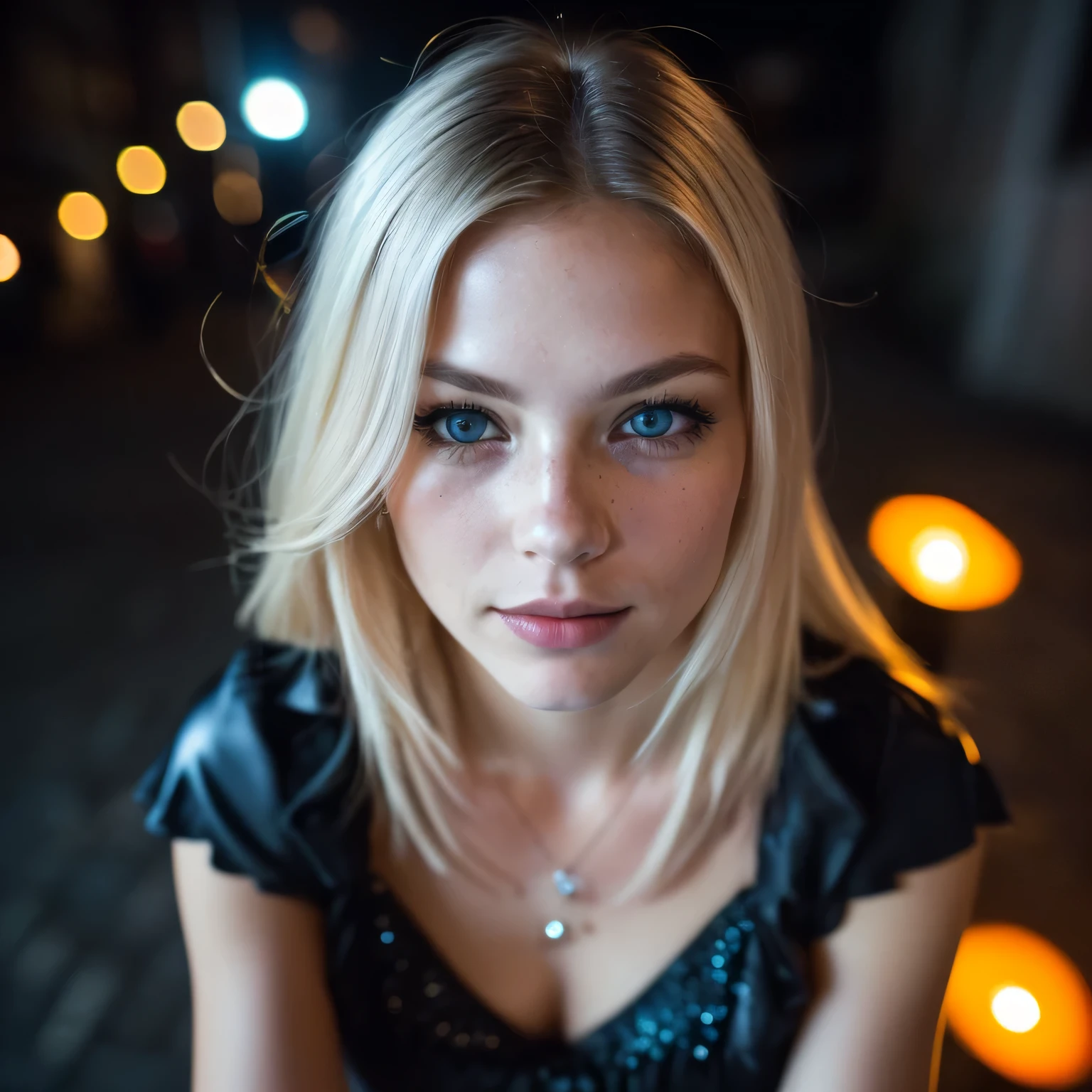 (selfie, top view: 1.4), (straight half of the body: 1.4), RAW UHD portrait photo of a 24-year-old blonde (blue-eyed woman) walking down a dark alley, large breasts,, city at night, (skirt), (neckline), details (textures! , hair! , glitter, color!! , disadvantages: 1.1), glossy eyes with high detail (looking at the camera), SLR lighting, SLR camera, ultra-quality, sharpness, depth of field, film grain (center), Fujifilm XT3, crystal clear, frame center, beautiful face, sharp focus, street lamp, neon lighting, bokeh (dimly lit), night, (night sky), detailed skin pores, oily skin, sunburn, complex eye details, full body, large breasts
