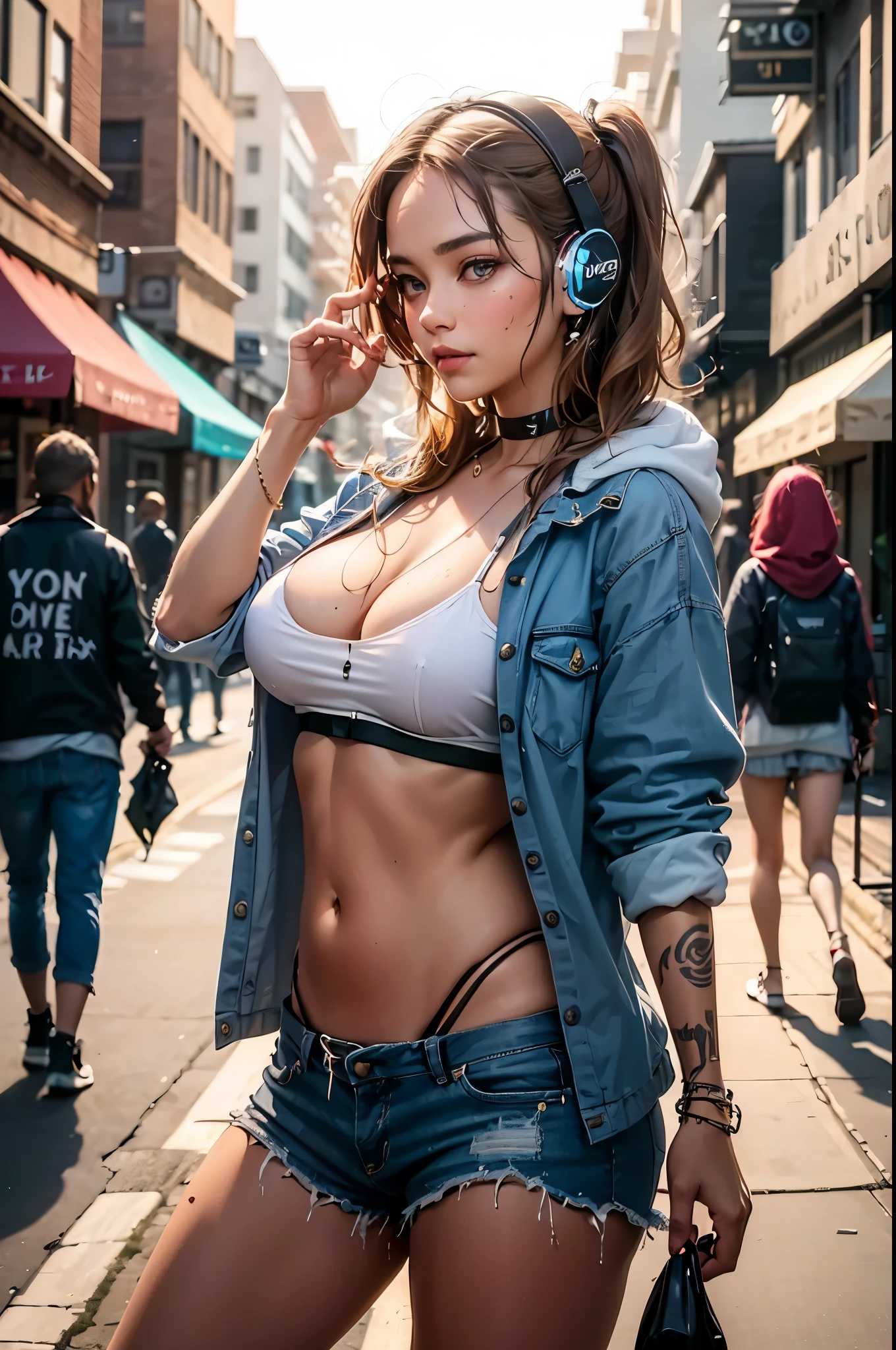 (Female homeless with sexy body, tattoo, wearing worn clothes, wearing headphone, holding her head at streetwalk) ,charming, highres, sad face, beautifull face, blue eyes, beautifull nose, raytracing, beautifull fingers, pretty fingers, (4 fingers and 1 thumb in 1 hand), focused picture, (blurry street background), masterpiece, best quality:1.2),,(8k,highres,RAW photo,realistic,photo-realistic:1.3),(detailed skin texture,detailed cloth texture,beautiful detailed face:1.25),professional lighting,photon mapping,beautiful soft light,radiosity,physically-based rendering,raytracing, model shoot style, model shoot style, (extremely detailed CG unity 8k wallpaper), full shot body photo of the most beautiful artwork in the world,