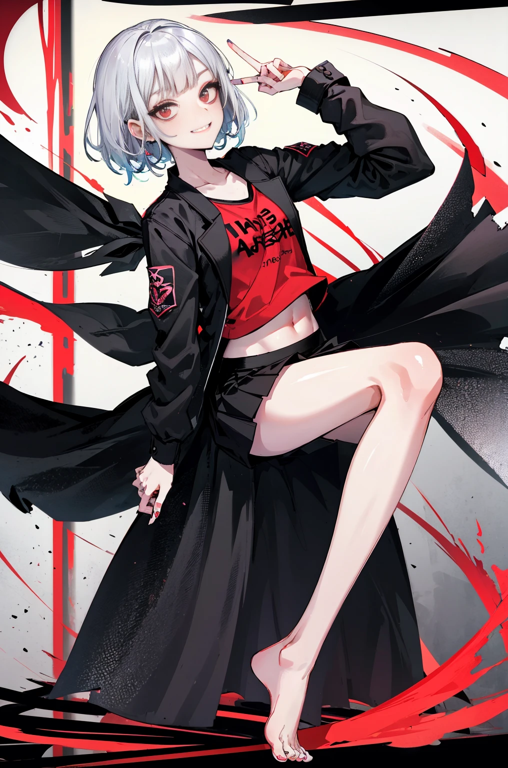 Hyper-Resolution,
(realistically:1.3),
(1 Slim girl), Fashionab女孩, Fashionab,
Young face, red eye makeup,The face is red, (energetic smile),
(Slim) upper legs,
Navel-baring black T-shirt), (above the knee skirt),
,Fashion show,Walk the catwalk,
be on stage,Audience,Full body photo,Barefoot,emo girl, kawaii, silber hair