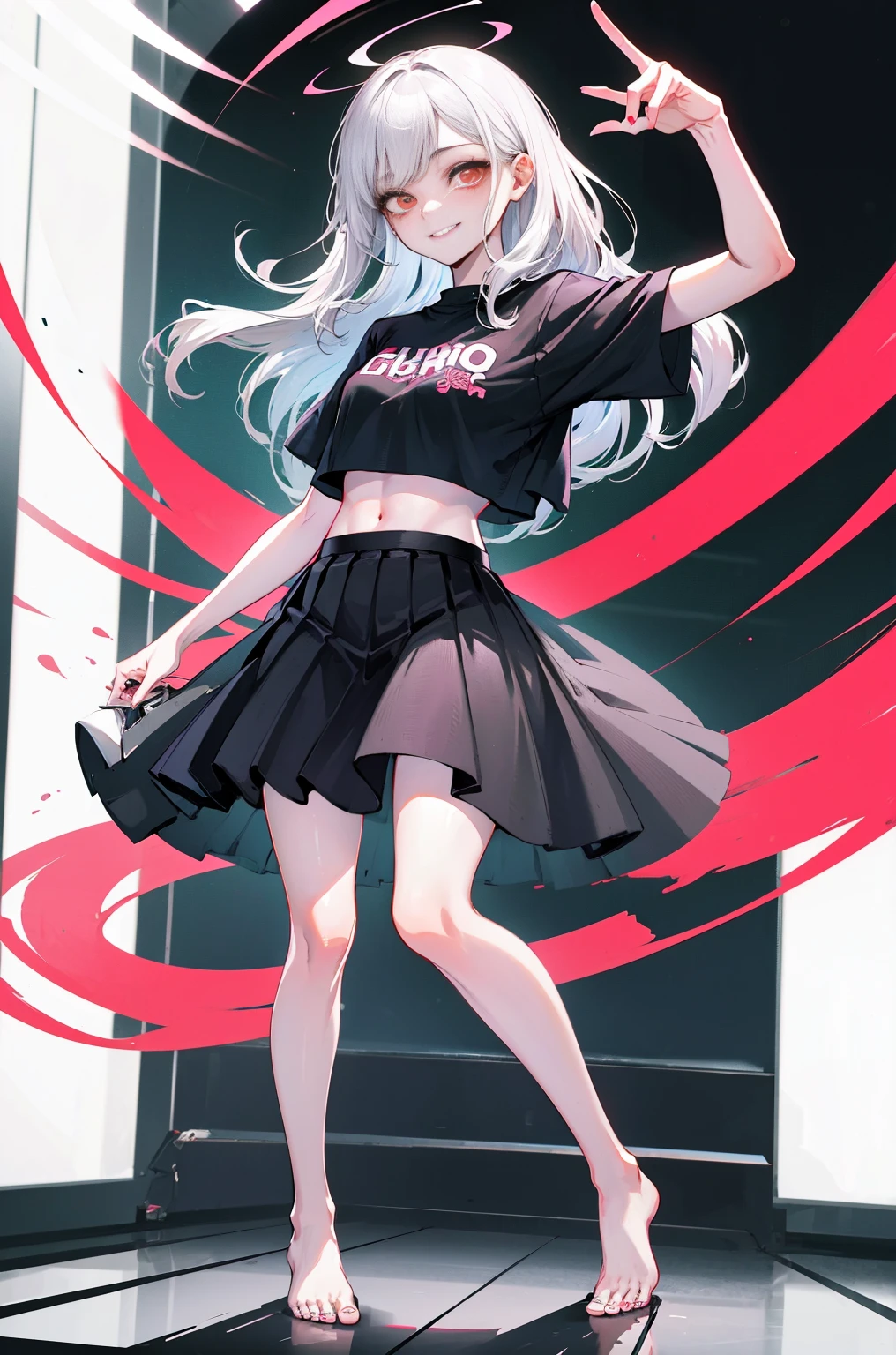 Young woman, pleated yoke mini skirt, white thong panties visible, T-shirt black "crop-top", White hair, full height, 2D wallpapers, beautiful poses, beautiful red background, , beautiful figure.