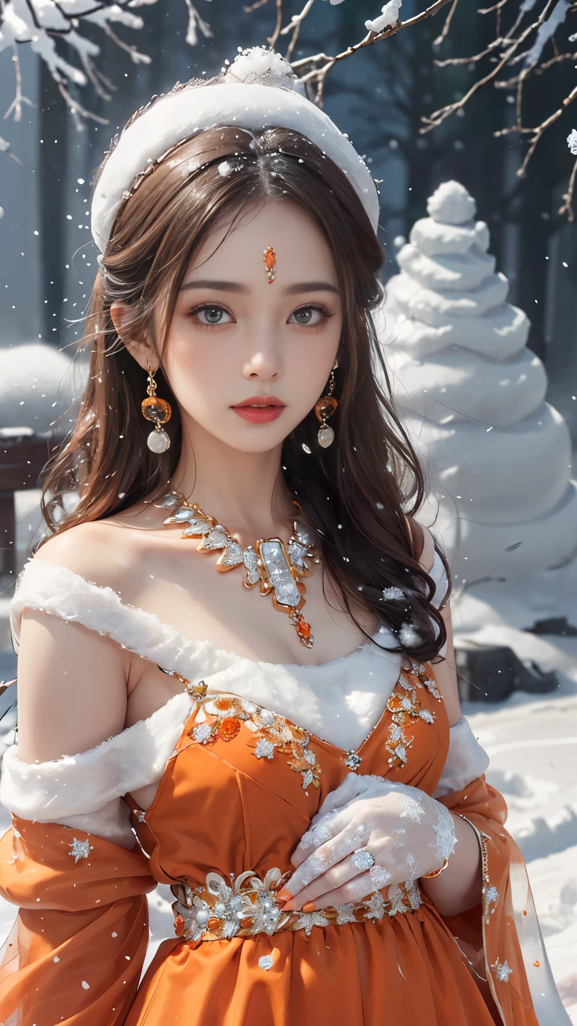 8k, masterpiece, 1 girl, beautiful face, very long hair, light makeup, detailed eyes, detailed lips, small bust, winter dress, orange dress, (wearing jewellery:1.8), (orange lace:1.4), ((snow falling:1.4)),