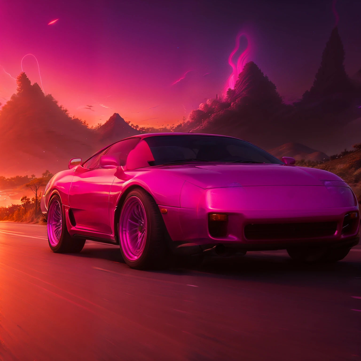 um close up de um carro dirigindo em uma estrada com montanhas ao fundo, estilo de arte outrun, estilo e cores outrun, 8k arte impressionante, epic arte retrowave, pintura digital retrofuturista, art deco outrun anime aesthestic, arte de fundo, Retrowave Epic Art, Neon Road, arte retrowave, masterpiece epic arte retrowave