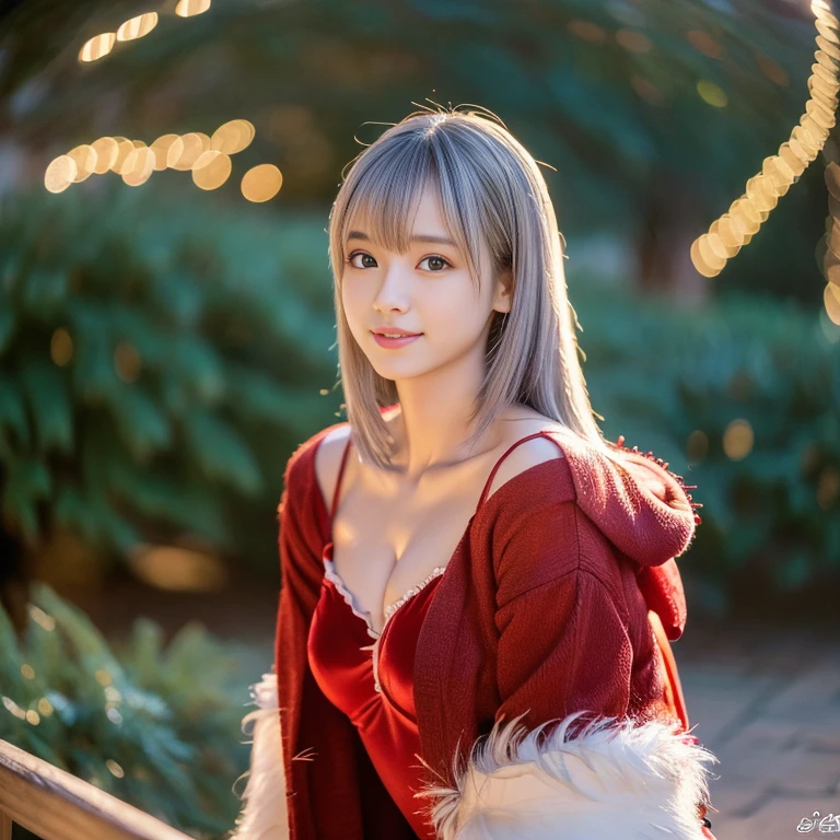 tre anatomically correct,Masterpiece of,High image quality,(Red costume),(erotic santa claus costume:1.5),(Random posture:1.4),Professional Lighting,The ultra-detailliert,High quality textures,High quality shadows,depth of fields,Ray traching,Christmasツリー, Christmas,Fun atmosphere,Twinkling lights,Cozy,romantic,Bewitching,Warmth,Happiness,Magical,Holiday spirit, Ultra-realistic capture, Highly detailed, 人間の皮膚のhight resolution16kクローズアップ,Skin texture must be natural, Detailed enough to finely identify pores. Skin should look healthy, In a uniform tone,(Best Quality,4K,8K,hight resolution,masutepiece:1.2),Ultra-detailed,extremely detailed eye and face,Beautiful detailed eyes,Beautiful detailed lips,long eyelashes,(Realistic),Photorealistic:1.37,japanes,fine-grained white skin,beautiful and magnificent composition,masutepiece,Attractive,Cute,silky smooth and straight hair,Sharp Focus,(Emphasize the cleavage),(healthy thigh body photo),(Full-body photography from a distance:1.4),((Silver hair color)), 背後に大きなChristmasツリーがあります,(((I'm embarrassed))),