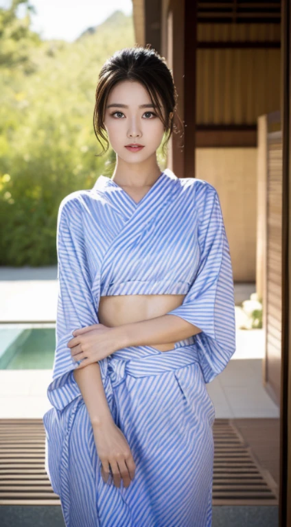 A woman with the same face as last time,4K、1Man Woman、Slender Abs、absurd pattern yukata:1.4、captivating and enticing、full body Esbian.Attractive position、 Including face and skin texture.,Detailed eyes、Seducting look