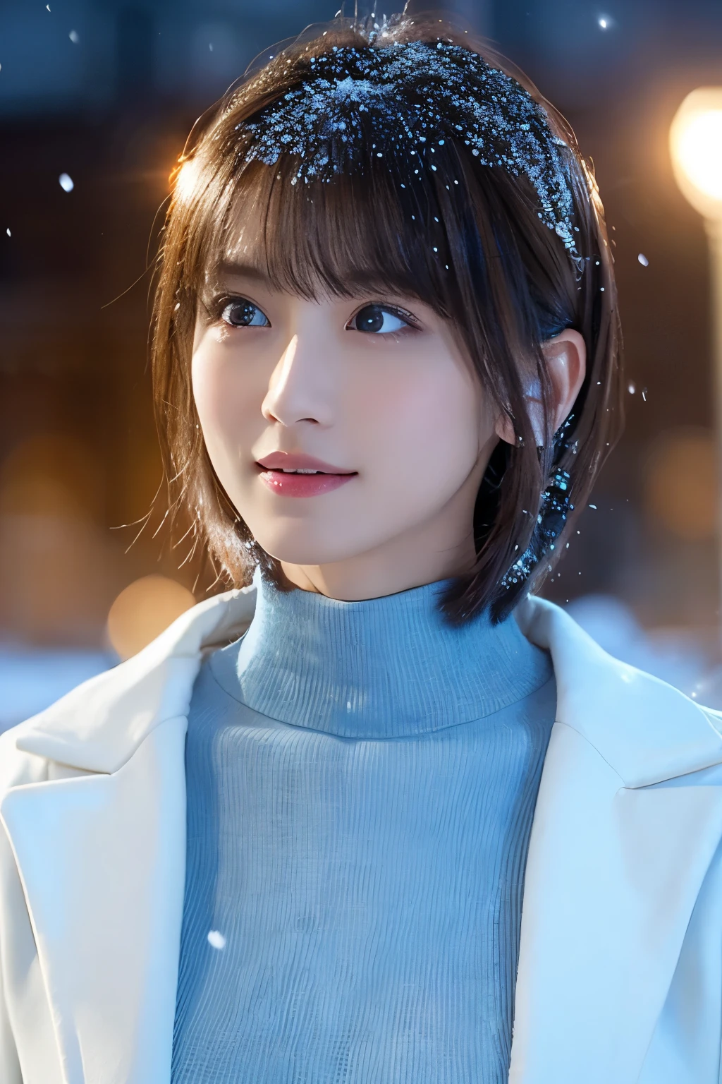 1girl in, (White coat, light blue turtleneck:1.2), 
(Raw photo, Best Quality), (Realistic, Photorealsitic:1.4), masutepiece, 
Extremely delicate and beautiful, Extremely detailed, 2k wallpaper, amazing, finely detail, the Extremely Detailed CG Unity 8K Wallpapers, Ultra-detailed, hight resolution, 
Soft light, Beautiful detailed girl, extremely detailed eye and face, beautiful detailed nose, Beautiful detailed eyes, Cinematic lighting, 
(plein air:1.3), illuminated fountain at night, light reflections, It's snowing,
 Perfect Anatomy, Slender body, Small, 
Straight short hair, Bangs, Looking at Viewer, A slight smil