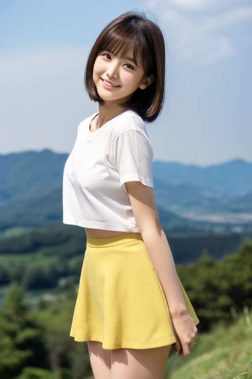 Japan Beauty,High Teenager,Full-body front photo,Navel Ejection,small boobs and yellow t-shirt,White mini skirt,Clean thighs,Straight in front photo,a little bit smile,lean body,big breasts thin waist,Larger hips,Beautiful tight thighs,White sandals,Bob cut hair,a little brown hair,elongated facial contour,a little bit smile,Sharp cheeks,Round chin,neat nose,Looking at the camera,skinny cheeks,Round chin,Slender eyes,Beautiful eyes,Dark brown eyes,mountain ridge in the background,Nobeyama plateau in the background