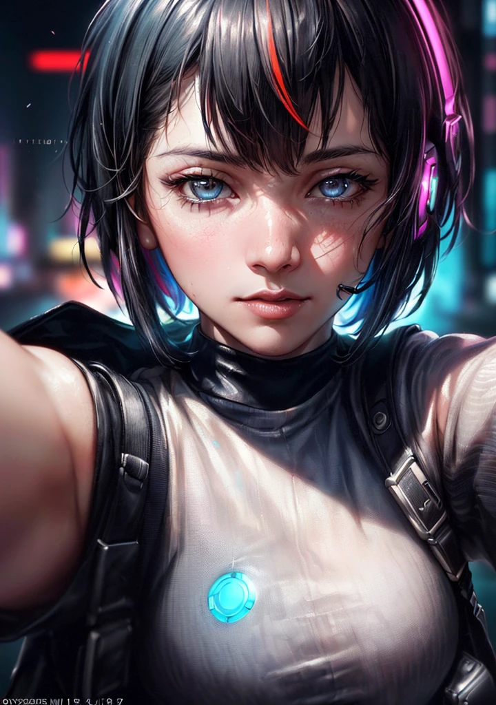 analog style, model shoot style, (selfie:1.8), 1girl, (cyberpunk:1.8, cyberpunk city background:1.8), ((cutest face: 1.8, perfect face:1.3)), (long multicolored hair:1.4, pale skin:1.5), (from above:1.2), best quality, epic (by lee jeffries photo, sony a7, 50 mm, pores:1.5, colors, hyperdetailed:1.5, film grain:1.4, hyperrealistic: 1.5), octane render, hyper-realistic lifelike texture, masterpiece, unreal engine 5, Extremely detailed CG unity 8k wallpaper, Madly detailed photo, hyper-realistic light, (Winner of the Pulitzer Prize for Photography and Taylor Wessing Photographic Prize)