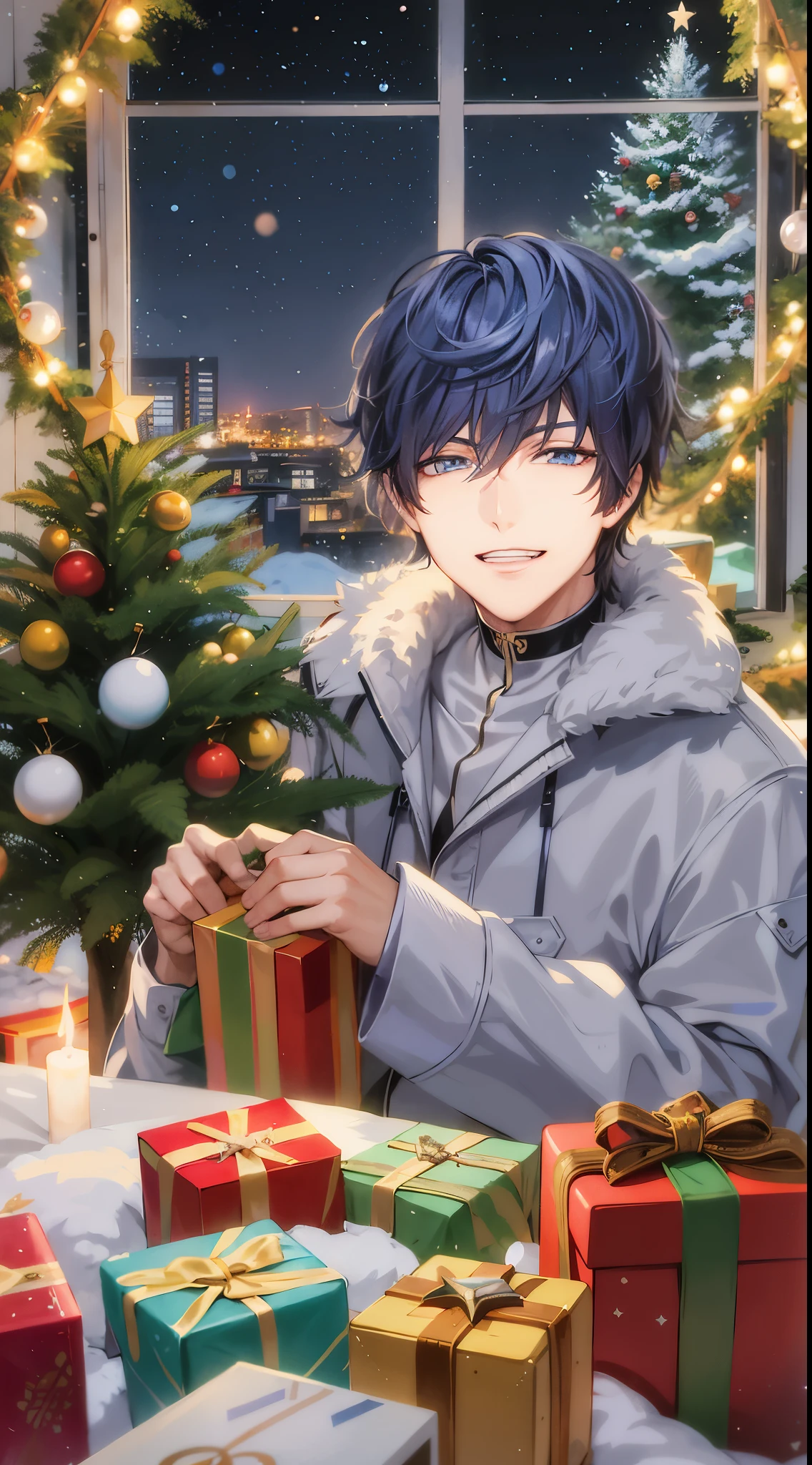 Anime man with blue-black hair sitting at a table with a present, tall anime man with blue eyes, inspired by Okumura Togyu, inspired by Masanobu Okumura, hijikata toushirou of gintama, anime handsome guy, profile picture 1024px, painted in anime painter studio
