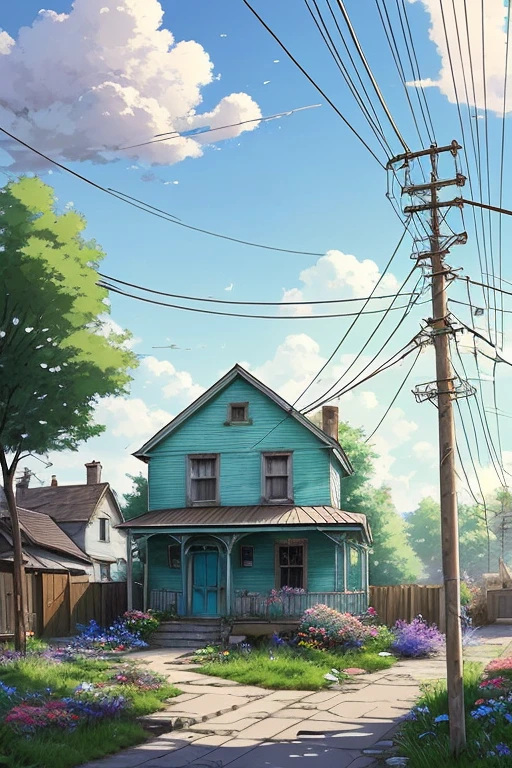 very cozy little place, hyper realism, (anime Makoto Shinkai:0.4), old shabby house in city street, home wiring, outdoors, sky, cloud, day, scenery, tree, blue sky, building, sign, wires, railing, wide shot, utility pole, town, wilderness, flowers, a lot of utensils lying around in a mess