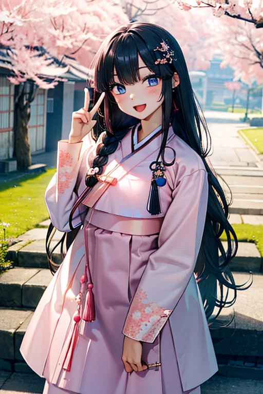 masterpiece, best quality, highres, bbhana, long hair, blacj hair, single braid, hair ornament, whisker markings, ((korean clothes)), ((hanbok)), long sleeves, striped sleeves, pink skirt, cherry blossoms, outdoors, standing, smile, open mouth, peace sign, blue eyes, large breast, sexy