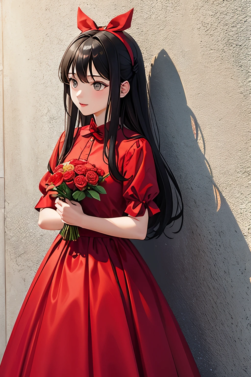 A girl facing forward, wearing a red dress, holding a bouquet of roses, her hair tied with a red ribbon. Behind her is a brown slate-stacked wall, and there's a horse standing nearby.