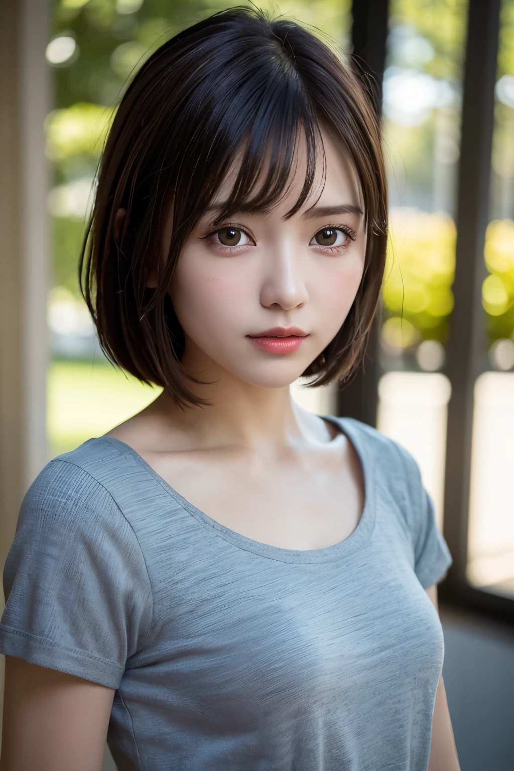 top-quality, in 8K, masutepiece, 超A high resolution, Photorealsitic, 1 baby girl, Look at viewers, round neck short sleeve shirt, small tits, ((a short bob)), glowy skin, 1 super beautiful college girl, ((super realistic details)), portlate, globalillumination, Shadow, octan render, ultrasharp, highly intricate detail, Realistic light, beautidful eyes