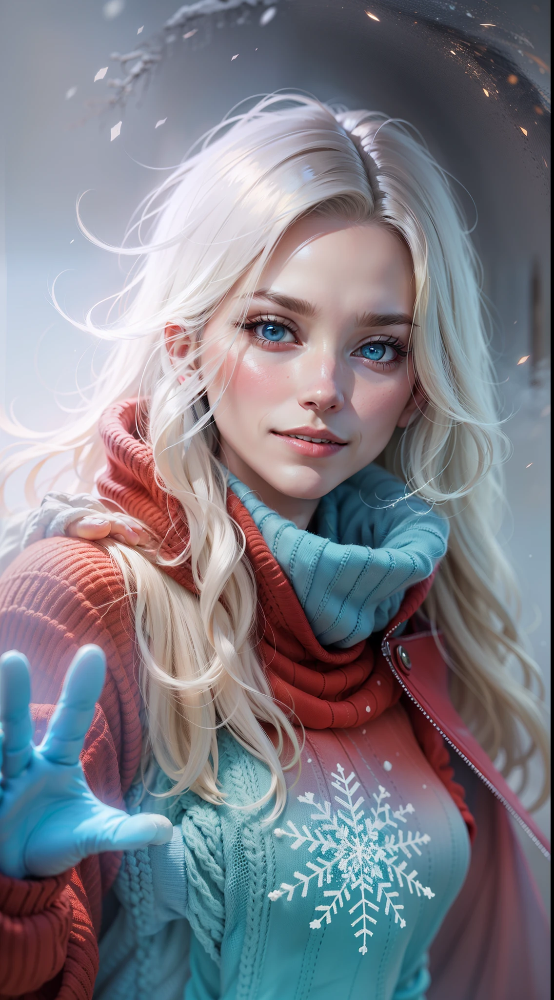 3/4 Portrait of a woman, 25-year old, fit, straight blonde hair, light blue eyes, red turtleneck sweater, surrounded by fog, outstretched hand surrounded aura of frost, snowflakes floating, (slight smile), (hand in gloves reaching out towards viewer), photorealistic, high res, particle effects, raytracing