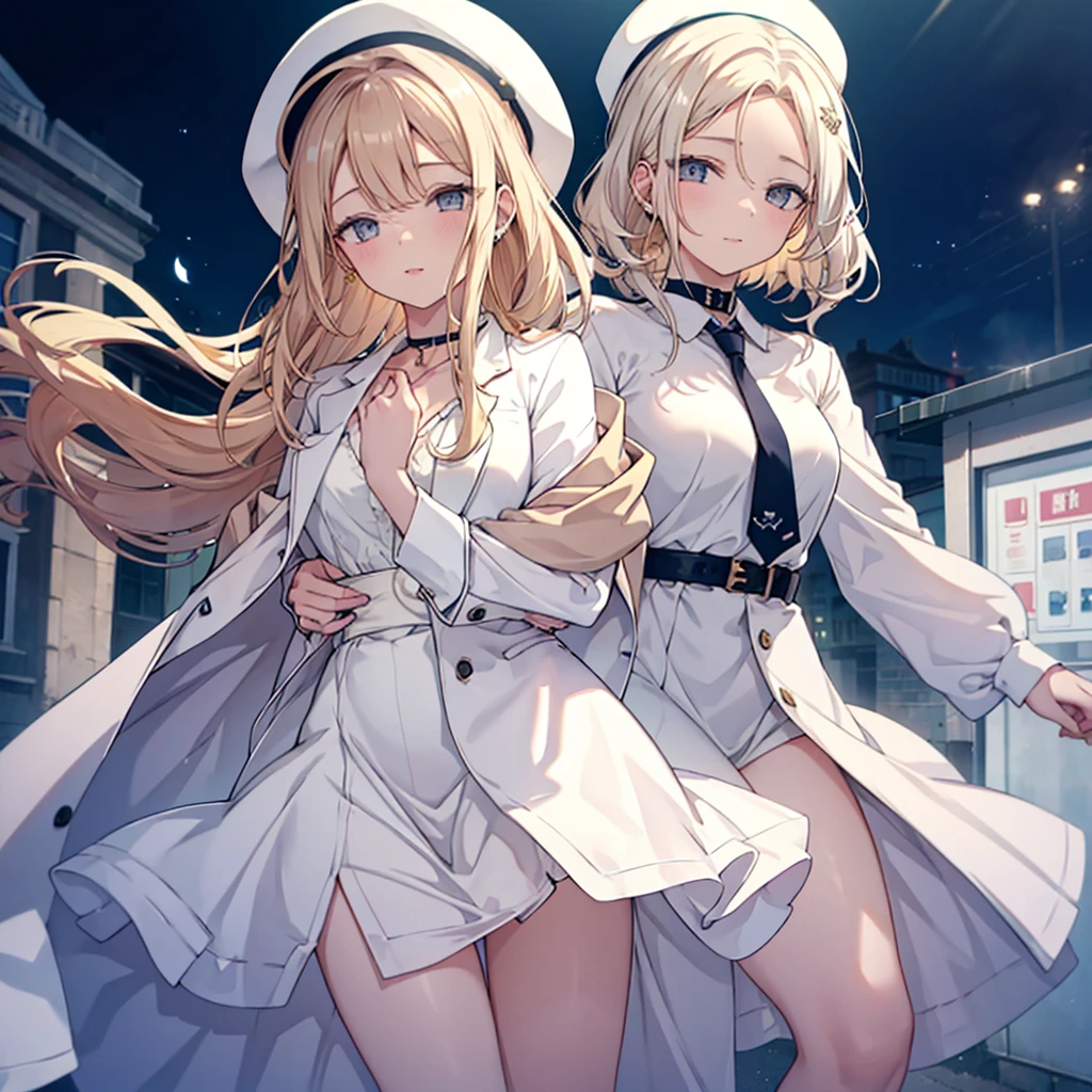 chain,ear nipple ring,choker necklace,forehead,middle parted hairstyle,femele,Train station,A beautyful girl,long light gold hair,Green eye set,white business suit,wear suit,White color blouse,short skirt,wind coat,cowboy hat,Flower arrangement on a hat,The streets of London,high-heels,disease,wind coat,ssmile