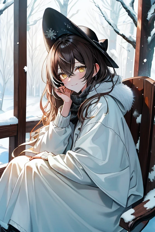 (Best Quality,4k,8K,hight resolution,Masterpiece:1.2), Nanashi Mumei, eyebrows, Yellow eyes, beautiful woman in winter clothes, snowy place, Winter landscape, cozy atmosphere, snowy trees, soft falling snow, warm winter coat, stylish winter hat, Snow-covered land, cold breath, winter boots, Peaceful solitude, Serene surroundings, peaceful atmosphere, delicate winter colors, natural lighting