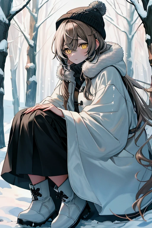 (Best Quality,4k,8K,hight resolution,Masterpiece:1.2), Nanashi Mumei, eyebrows, Yellow eyes, beautiful woman in winter clothes, snowy place, Winter landscape, cozy atmosphere, snowy trees, soft falling snow, warm winter coat, stylish winter hat, Snow-covered land, cold breath, winter boots, Peaceful solitude, Serene surroundings, peaceful atmosphere, delicate winter colors, natural lighting