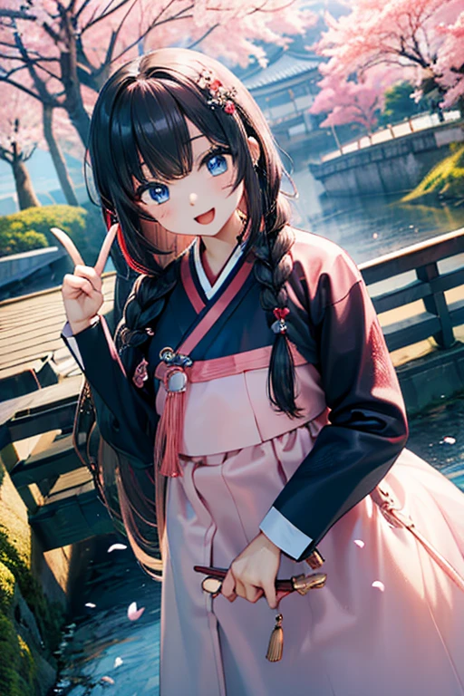 masterpiece, best quality, highres, bbhana, long hair, blacj hair, single braid, hair ornament, whisker markings, ((korean clothes)), ((hanbok)), long sleeves, striped sleeves, pink skirt, cherry blossoms, outdoors, standing, smile, open mouth, peace sign, blue eyes, large breast, sexy, underboob