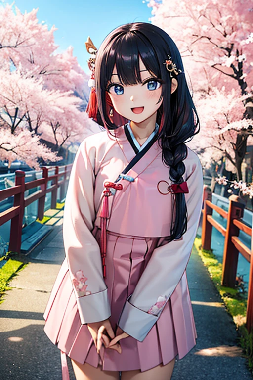 masterpiece, best quality, highres, bbhana, long hair, blacj hair, single braid, hair ornament, whisker markings, ((korean clothes)), ((hanbok)), long sleeves, striped sleeves, pink skirt, cherry blossoms, outdoors, standing, smile, open mouth, peace sign, blue eyes, large breast, sexy, underboob