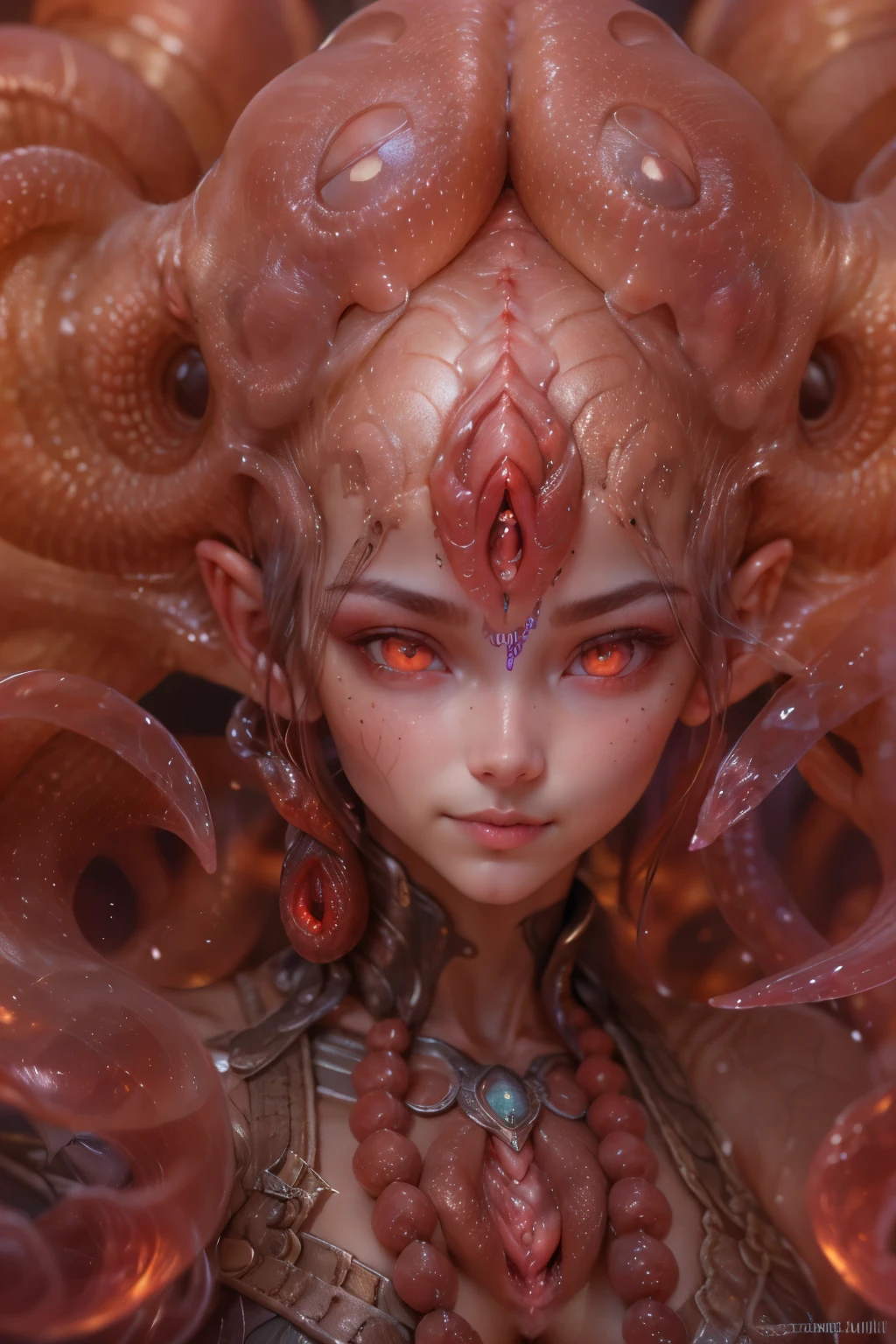Portrait, (beautiful female alien:1.2), (There is a female genital-like organ in the middle of the forehead.:1.8), (The most beautiful face in the history of the universe:1.2), (scarlet eyes:1.6), (Translucent skin:1.8), an evil gaze that seduces , (red eyes:1.5), Full body like, (sexypose:1.5), alien, No humans, cells are fused, (Lots of translucent tentacles:1.1) (Translucent skin:1.3), extraterrestrial, cell, bio image, 魅惑的, Best Quality, 8K,4K_quality, high_Definition, Dramatic Lighting, masutepiece:1.5,cinematic quality, detail up, (Intricate details:1.2), high resolution, High Definition, drawing faithfully, (Thick eyebrows:1.2), Beautiful eyes with fine symmetry, (Ultra detailed eyes:1.2),(Highly detailed face and eyes:1.2), (High-resolution red-eye:1.4), Intimate face, (Super detailed skin quality feeling:1.4), Perfect Anatomy, (Beautiful toned body:1.5), (Moist skin:1.2), No makeup, (dark circles:1.1), long canines, cinematic drawing of characters, ultra high quality model, cinematic quality, detail up, (Intricate details:1.2), high resolution, High Definition, drawing faithfully, Official art, Unity 8K wall , 8K Portrait, Best Quality, Very high resolutio, ultra detailed artistic photography, midnight aura, unreal enginee 5, Ultra Sharp Focus, art by alberto seveso, ArtGerm, Roisch, , intricate artwork, Medusa, best quality,tmasterpiece,超A high resolution,(photos realistic:1.4),Ultra-realistic realism,dream-like,nautilus, Creation of fantasy,Snail,Dream Snail,Biopunk nautilus,Thrilling color schemes, Ultra-realistic realism, abstracted, seductively smiling