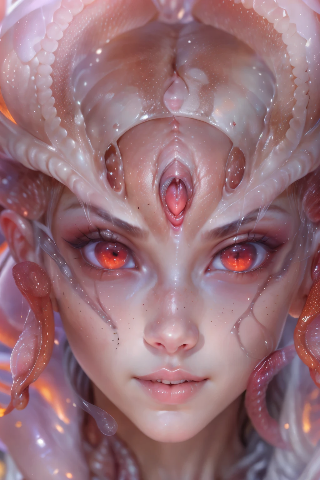 Portrait, (beautiful female alien:1.2),  (There is a female genital-like organ in the middle of the forehead.:1.8), (The most beautiful face in the history of the universe:1.2), (scarlet eyes:1.6), (Translucent skin:1.8), an evil gaze that seduces , (red eyes:1.5), Full body like, (sexypose:1.5), alien, No humans, cells are fused, (Lots of translucent tentacles:1.1) (Translucent skin:1.3), extraterrestrial, cell, bio image, 魅惑的, Best Quality, 8K,4K_quality, high_Definition, Dramatic Lighting, masutepiece:1.5,cinematic quality, detail up, (Intricate details:1.2), high resolution, High Definition, drawing faithfully, (Thick eyebrows:1.2), Beautiful eyes with fine symmetry, (Ultra detailed eyes:1.2),(Highly detailed face and eyes:1.2), (High-resolution red-eye:1.4), Intimate face, (Super detailed skin quality feeling:1.4), Perfect Anatomy,  (Beautiful toned body:1.5),  (Moist skin:1.2), No makeup, (dark circles:1.1), long canines, cinematic drawing of characters, ultra high quality model, cinematic quality, detail up, (Intricate details:1.2), high resolution, High Definition, drawing faithfully, Official art, Unity 8K wall  , 8K Portrait, Best Quality, Very high resolutio, ultra detailed artistic photography, midnight aura,  unreal enginee 5, Ultra Sharp Focus, art by alberto seveso, ArtGerm, Roisch, , intricate artwork, Medusa, best quality，tmasterpiece，超A high resolution，（photos realistic：1.4），Ultra-realistic realism，dream-like，nautilus, Creation of fantasy，Snail，Dream Snail，Biopunk nautilus，Thrilling color schemes， Ultra-realistic realism， abstracted, seductively smiling