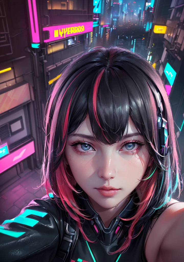 model shoot style, (selfie:1.8), 1girl, (cyberpunk:1.8, cyberpunk city background:1.8), (cutest face: 1.8, perfect face:1.3), (short multicolored hair:1.4, pale skin:1.5), (from above:1.4), best quality, epic (by lee jeffries photo, sony a7, 50 mm, pores:1.5, colors, hyperdetailed:1.5, film grain:1.4, hyperrealistic: 1.5), octane render, hyper-realistic lifelike texture, masterpiece, unreal engine 5, Extremely detailed CG unity 8k wallpaper, Madly detailed photo, hyper-realistic light, (Winner of the Pulitzer Prize for Photography and Taylor Wessing Photographic Prize)