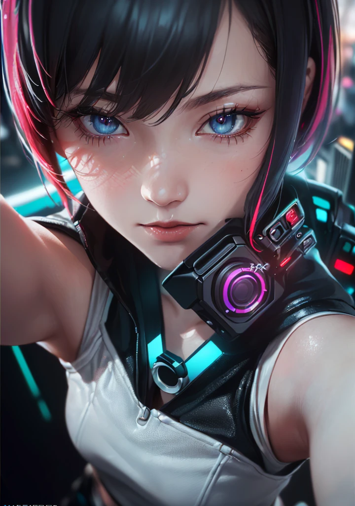 model shoot style, (selfie:1.8), 1girl, (cyberpunk:1.8, cyberpunk city background:1.8), (cutest face: 1.8, perfect face:1.3), (short multicolored hair:1.4, pale skin:1.5), (from above:1.4), best quality, epic (by lee jeffries photo, sony a7, 50 mm, pores:1.5, colors, hyperdetailed:1.5, film grain:1.4, hyperrealistic: 1.5), octane render, hyper-realistic lifelike texture, masterpiece, unreal engine 5, Extremely detailed CG unity 8k wallpaper, Madly detailed photo, hyper-realistic light, (Winner of the Pulitzer Prize for Photography and Taylor Wessing Photographic Prize)