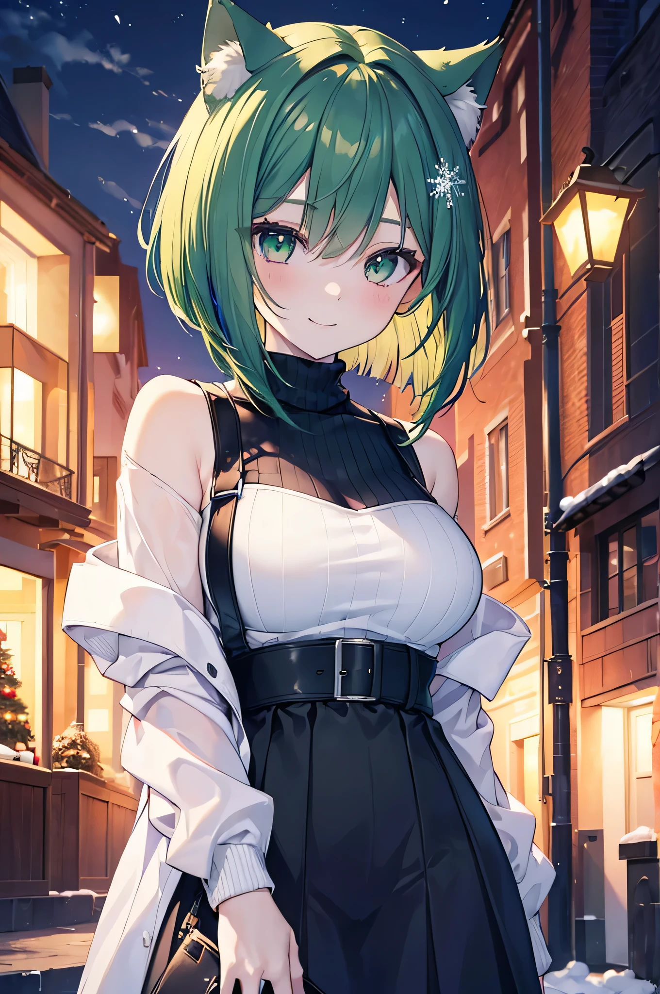 ((masutepiece)), ((Best Quality)), ((8K)), High resolution, 1girl in, Cat ears, pale skin, Large breasts, Green eye, multicolored hair, bob cuts, Pony tail, Night, Winters, yuki, Christmas, turtle neck, Smile,