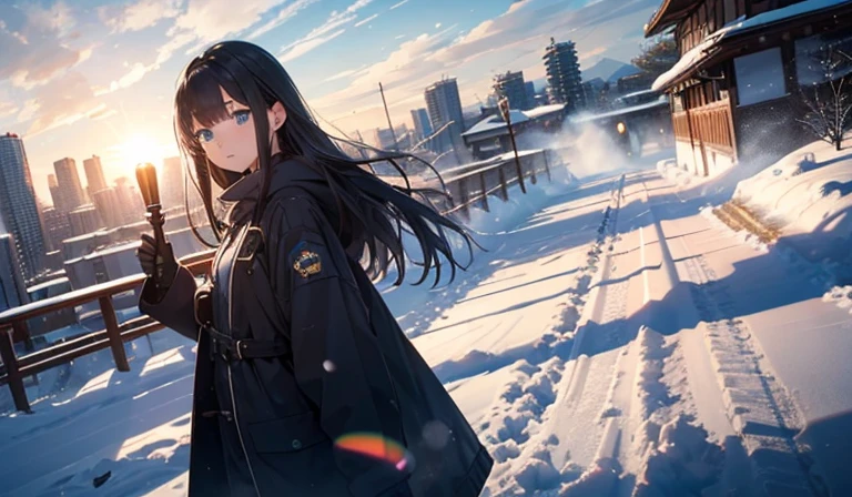 topquality、topquality изображения、tmasterpiece、Girl in her 20lack duffle coat、black trousers、Holding a torch in his hands、18 years、 Age、Best Bust、Bolshoye bast,Beautiful light blue eyes, Long black hair、well-proportioned,Large Valleys、Reflection of the whole body)),hiquality、Beautiful art、Background from((Snow removal、Glowing Sun、City Knight 、Yuki))tmasterpiece、Depth of field,Japanese anime style