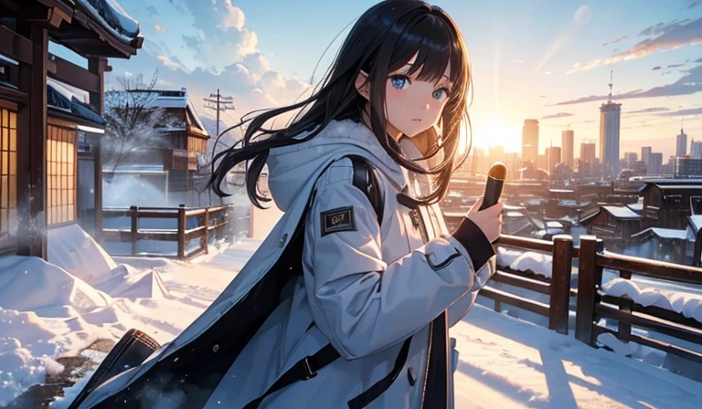 ((masterpiece)), (best qualtiy), wide Shot, from behind, (super detailed), 1girl, cute teenage girl, white large coat, (messy long hair), beautiful brown hair, (sad smile), hollow eyes, hands in a pocket, winter day, (Silence Atmosphere), ((undress clothes)), snowing