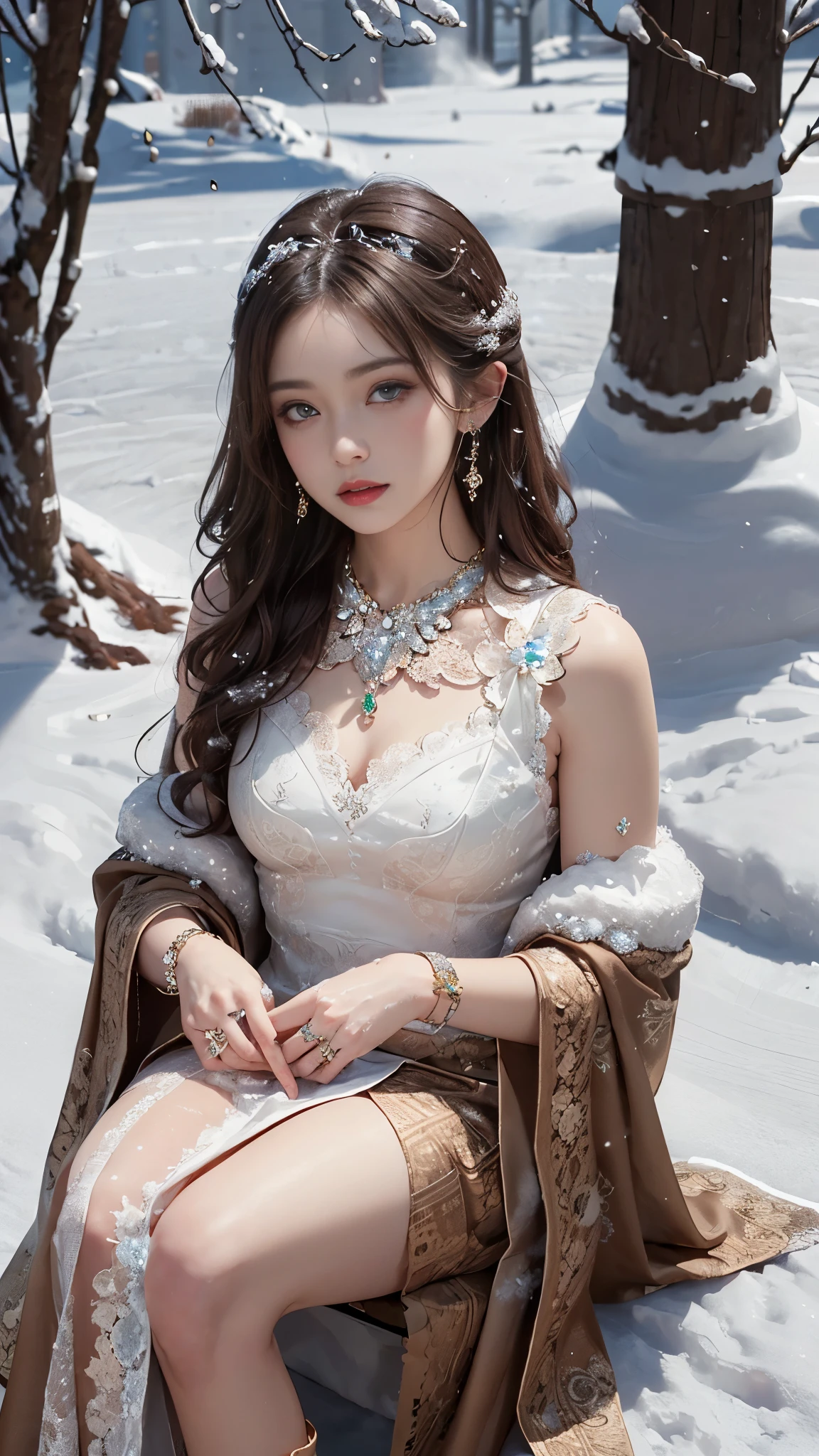 8k, masterpiece, 1 girl, beautiful face, very long hair, light makeup, detailed eyes, detailed lips, small bust, winter dress, brown dress, (wearing jewellery:1.8), (brown lace:1.4), ((snow falling:1.4)), sitting,