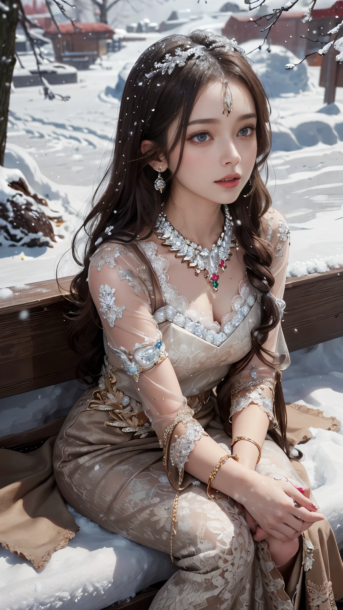 8k, masterpiece, 1 girl, beautiful face, very long hair, light makeup, detailed eyes, detailed lips, small bust, winter dress, brown dress, (wearing jewellery:1.8), (brown lace:1.4), ((snow falling:1.4)), sitting,