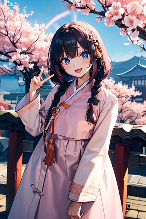 masterpiece, best quality, highres, bbhana, long hair, blacj hair, single braid, hair ornament, whisker markings, ((korean clothes)), ((hanbok)), long sleeves, striped sleeves, pink skirt, cherry blossoms, outdoors, standing, smile, open mouth, peace sign, blue eyes, large breast, sexy, underboob