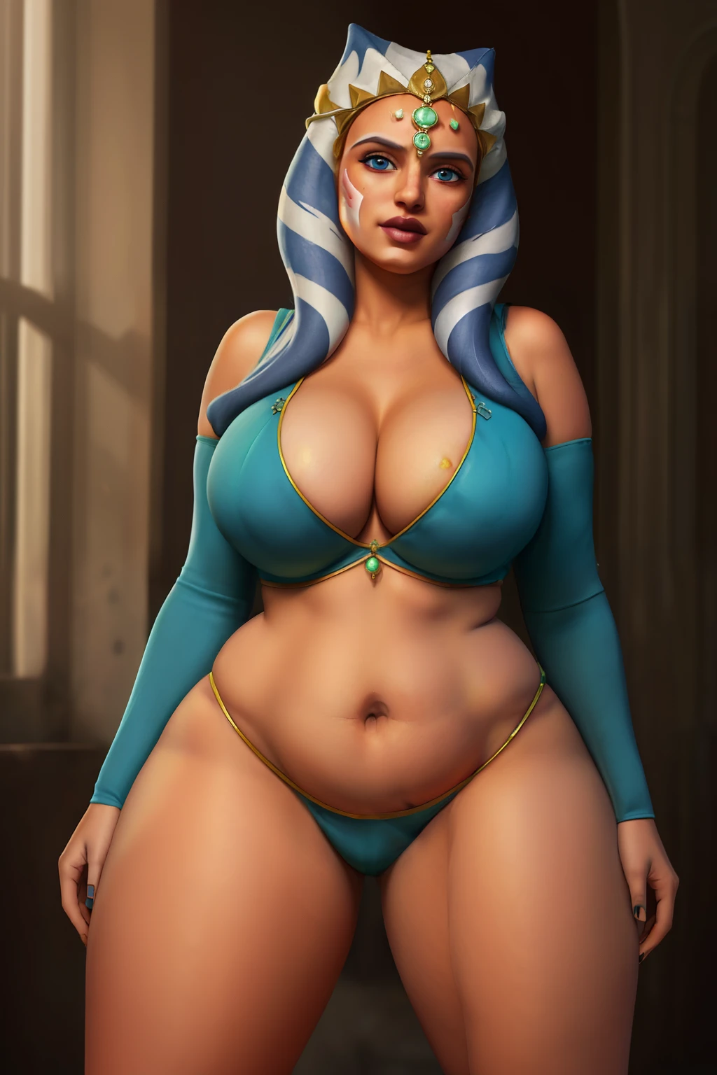 masterpiece, (photorealistic), (8k wallpaper) , (best quality), perfect quality, solo, (detailed eyes:0.9), girl, ahsoka tano, very beautiful, , face : ( very beautiful face, cute face, teen figure: ( very full body, very thicc, very soft, very curvy, very chubby, very chubby belly, love handles, sexy curves, sexy pose, sexy, muffin top, thick thighs) , clothes : ( slave clothes )