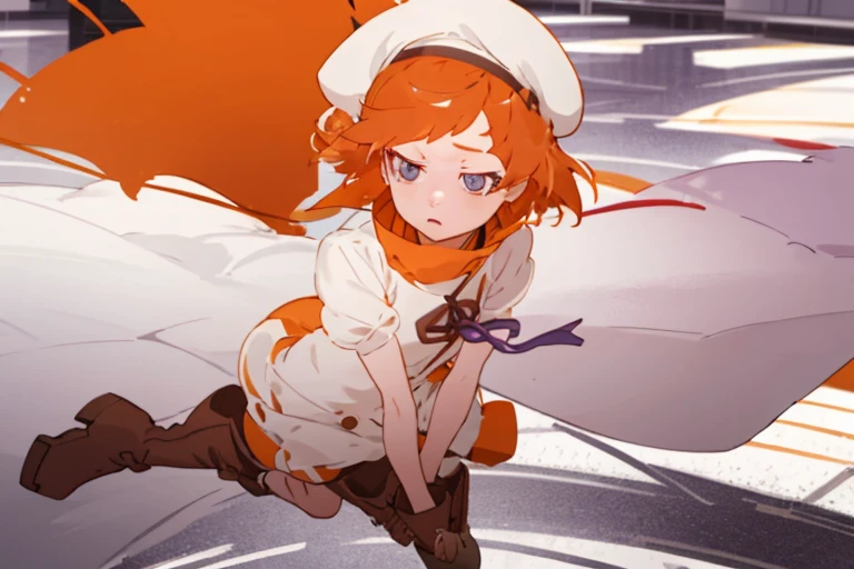 1girl in，White beret，Orange hair，short head hair，White dress，Blue eyes，Brown boots，Purple ribbon