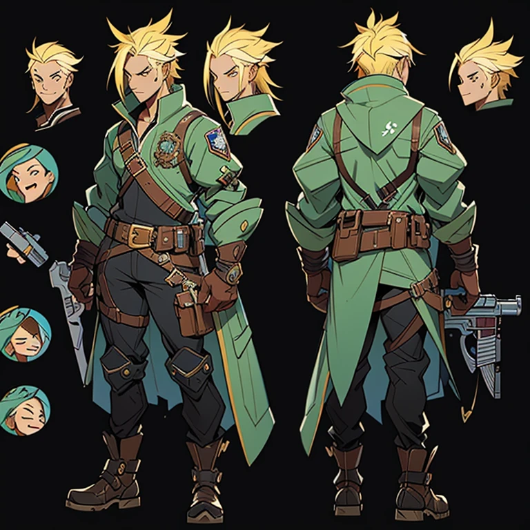 Close-up of a man in a gun costume, ((character concept art)), ((character design sheet, same character, front, side, back)) maple story character art, video game character design, video game character design, maple story gun girl, expert high detail concept art, metal bullet concept art, funny character design, Lucio as a woman, gravity rush inspiration, sticky tar. Concept art, belt buckle at waist, steampunk weapon,