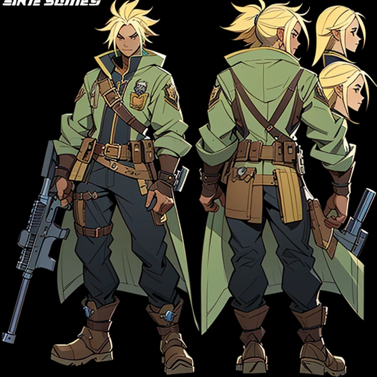 Close-up of a man in a gun costume, ((character concept art)), ((character design sheet, same character, front, side, back)) maple story character art, video game character design, video game character design, maple story gun girl, expert high detail concept art, metal bullet concept art, funny character design, Lucio as a woman, gravity rush inspiration, sticky tar. Concept art, belt buckle at waist, steampunk weapon,