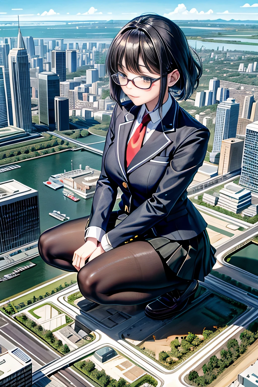 giantess art, a hyperrealistic schoolgirl, 非常に詳細なder rieseショット, der riese, Shorthair, Black pantyhose, a huge high school girl、&#39;It&#39;s much bigger than a skyscraper, Wearing rimless glasses, Colossal tits, Navy blue blazer, Red tie, Mini Length Skirt, Black pantyhose, I'm not wearing shoes., very small metropolis, miniature metropolis, 足元までの高さしかないminiature metropolisで、squatting and urinating, The city is a sea of urine, tsunami of urine, Small trains and cars are washed away with urine., Full body depiction, nffsw, Giga Giants, Black pantyhose, Pantyhose legs, Pantyhose feet, ,Stomping City,crash city,Small town,micro city, Peeing,