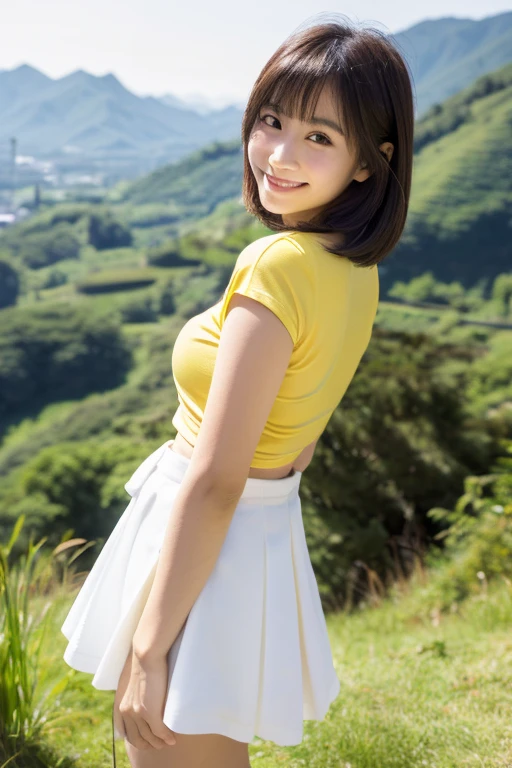 Japan Beauty,High Teenager,Full-body front photo,Small boobs and yellow T-shirt showing belly button,White mini skirt,Clean thighs,Straight in front photo,a little bit smile,lean body,big breasts thin waist,Larger hips,Beautiful tight thighs,White sandals,Bob cut hair,a little brown hair,elongated facial contour,a little bit smile,Sharp cheeks,Round chin,neat nose,Looking at the camera,skinny cheeks,Round chin,Slender eyes,Beautiful eyes,Dark brown eyes,mountain ridge in the background,Nobeyama plateau in the background