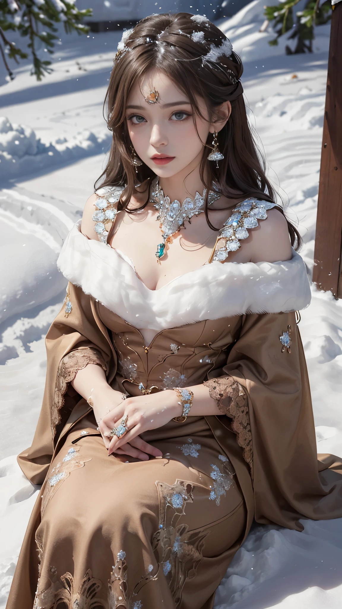 8k, masterpiece, 1 girl, beautiful face, very long hair, light makeup, detailed eyes, detailed lips, small bust, winter dress, brown dress, (wearing jewellery:1.8), (brown lace:1.4), ((snow falling:1.4)), sitting,