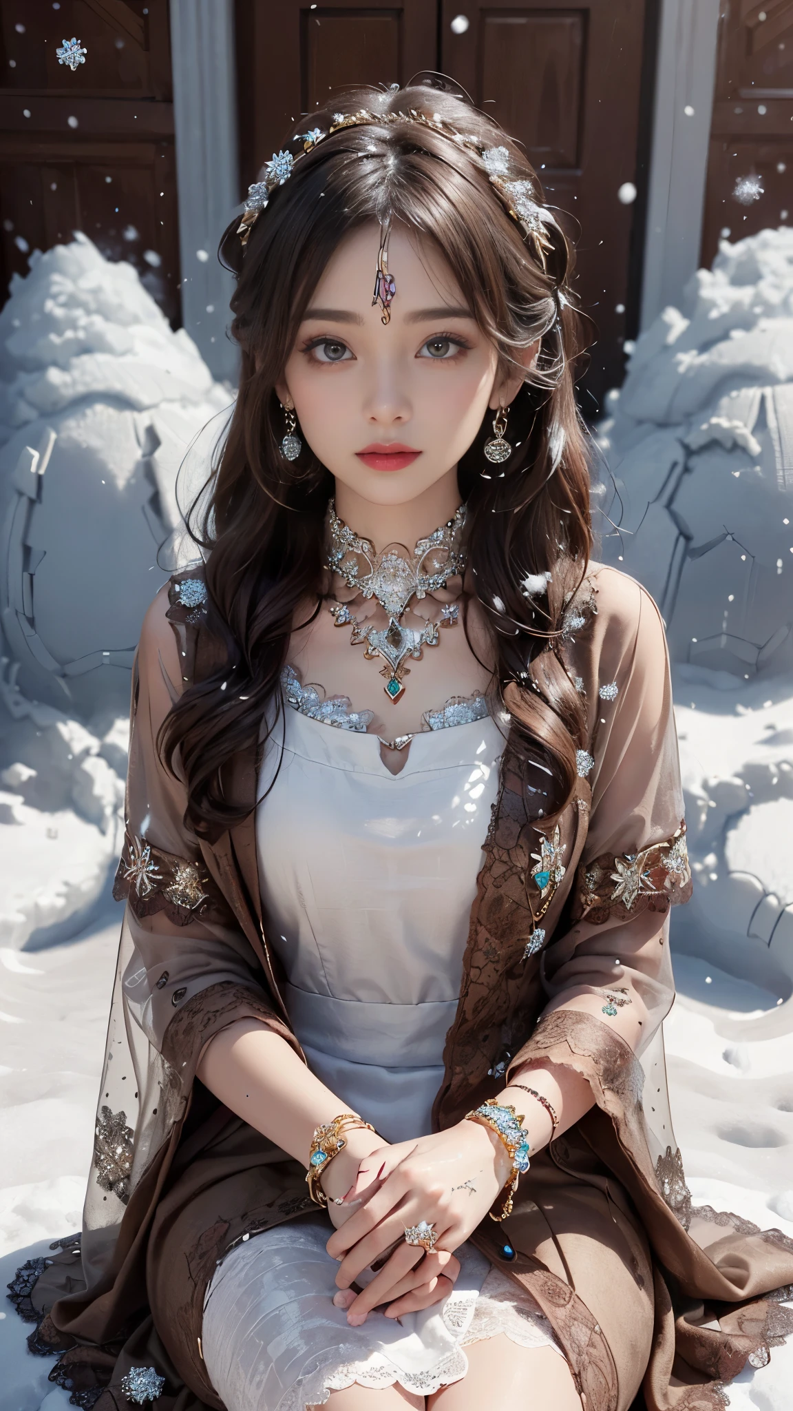 8k, masterpiece, 1 girl, beautiful face, very long hair, light makeup, detailed eyes, detailed lips, small bust, winter dress, brown dress, (wearing jewellery:1.8), (brown lace:1.4), ((snow falling:1.4)), sitting,