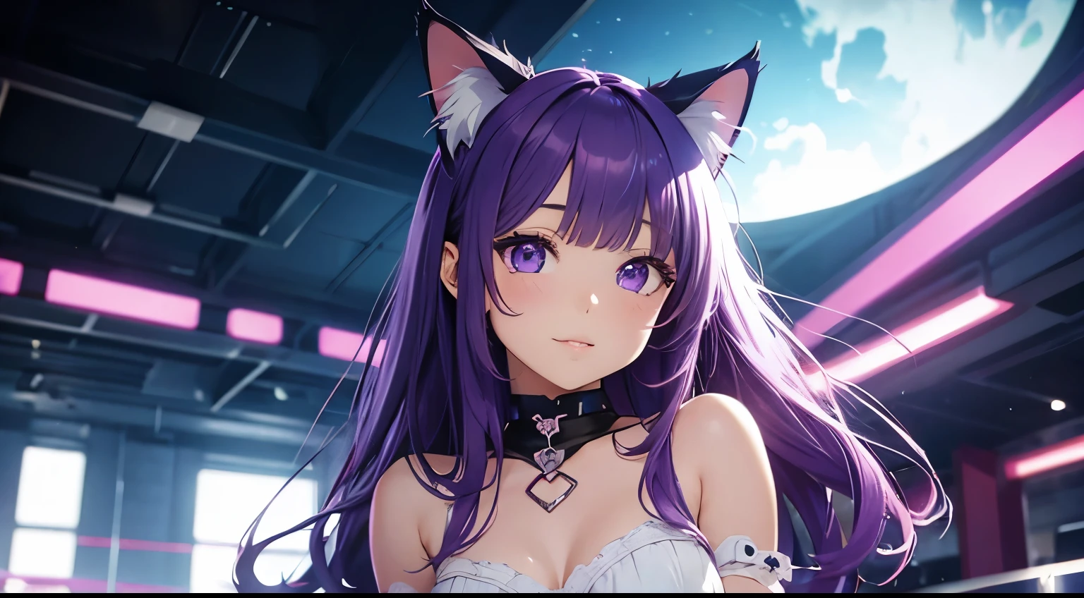 cute girl, purple hair, cat ears, detailed lighting, anime