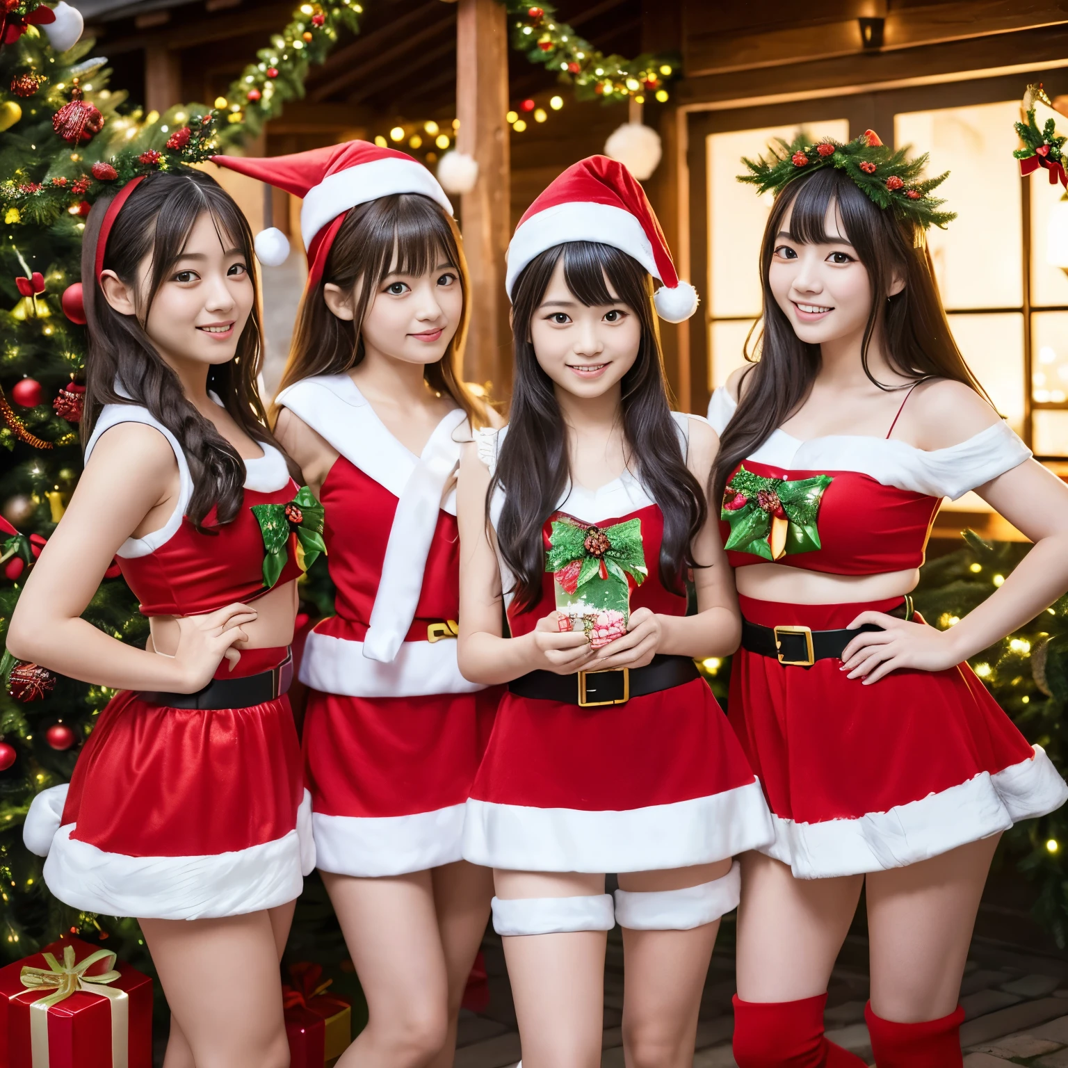 ((Best-quality, Masterpiece, Ultra-High-Resolution, (Photorealistic:1.4), Raw-Photo, Extremely-Detailed, Perfect-Anatomy)), 3-girls, all -yeld, thost popular Japanese-idols, (((all having a lotsitting facing each other and chatting at Christmas party))), (((all wearing extremely cute Christmas-costumes))), all extremely cute faces like a most famous Japanese idols, all extremely beautiful big black-eyes, all extremely beautiful colorful-hair, all extremely beautiful realistic-skins, detailed Christmas party, (((detailed cute-Christmas-costumes)))